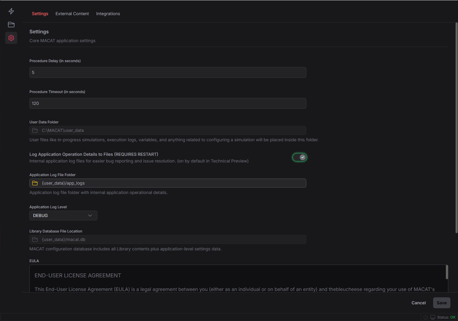 MACAT Settings Screenshot