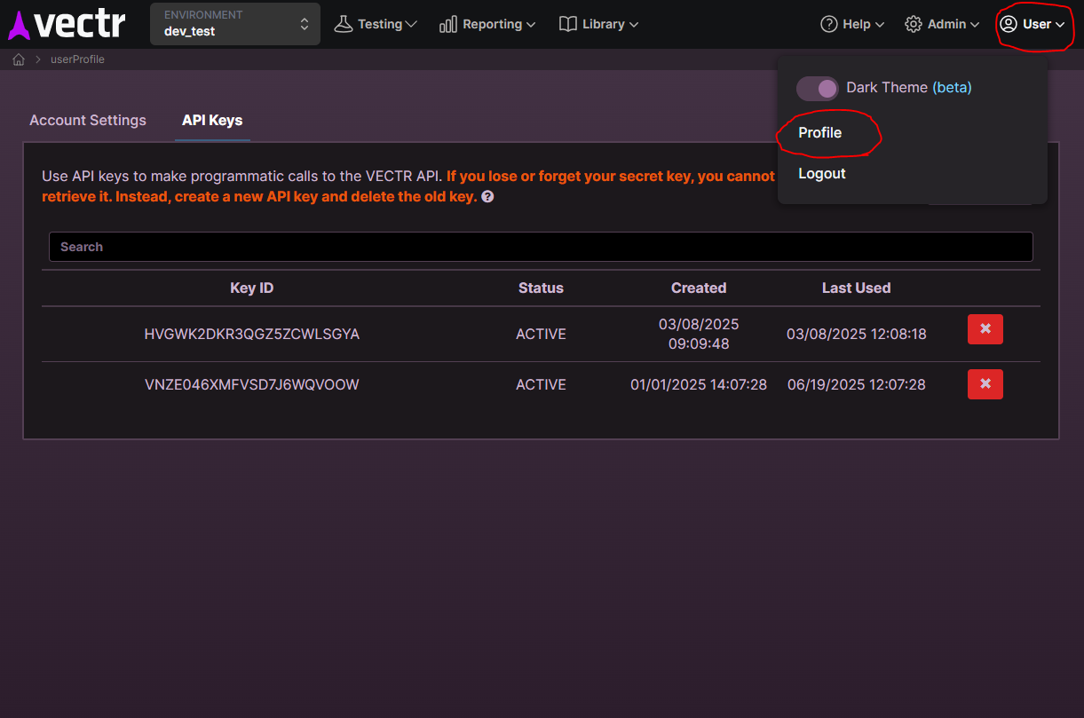 VECTR API Key step 1
