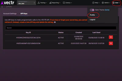 VECTR API Key step 1