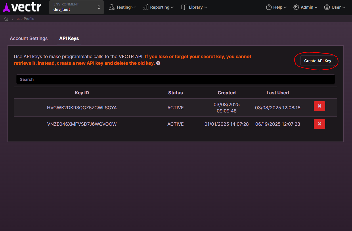VECTR API Key step 2