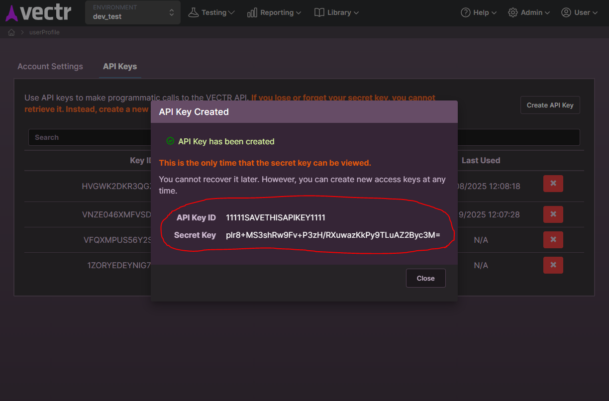 VECTR API Key step 3